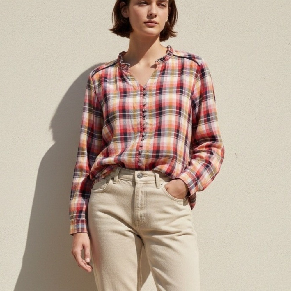 Aventura Clothing Women Plaid Button Up Long Sleeve Top Red Yellow Black‎ Size L